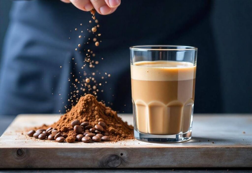 A glass of protein coffee with creamy froth, surrounded by coffee beans and cocoa powder on a wooden surface.