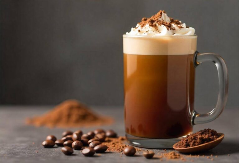 A glass mug of protein coffee topped with whipped cream and cocoa powder, surrounded by coffee beans and cocoa powder.