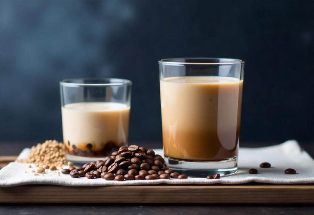 Two glasses of protein coffee on a wooden tray, surrounded by coffee beans and protein powder.