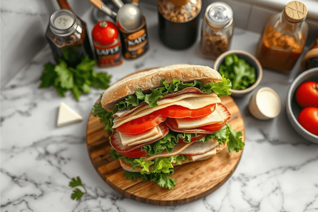 A gourmet sandwich layered with fresh lettuce, tomatoes, and deli meats, styled on a wooden board with kitchen ingredients in the background.