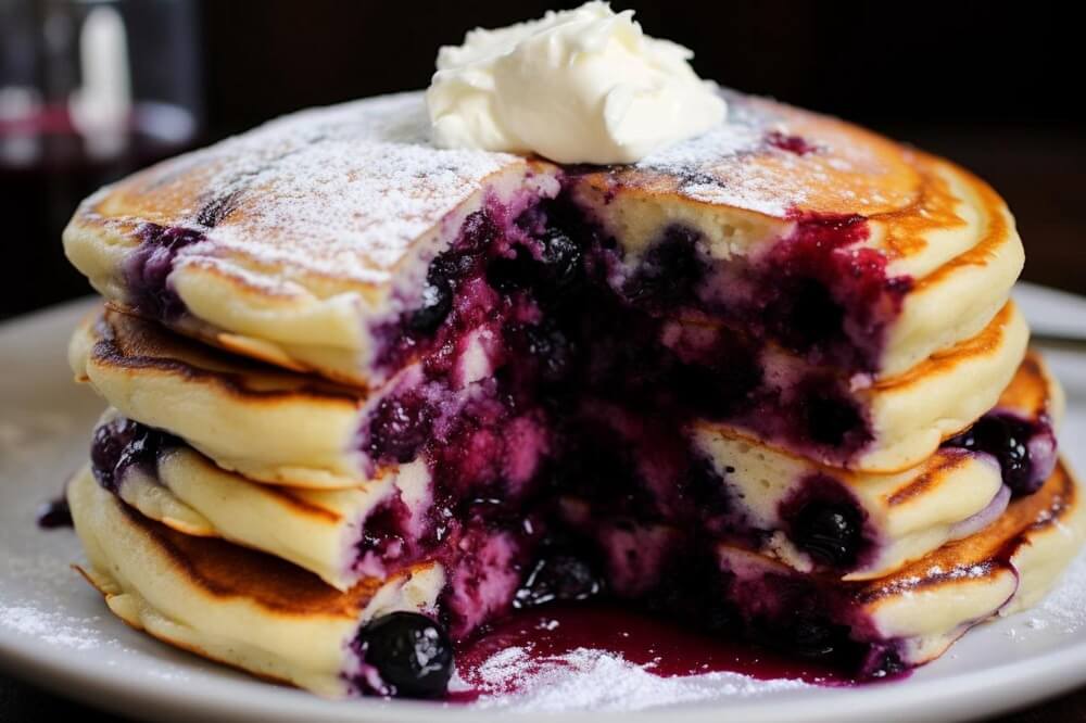 A stack of blueberry pancakes with a cross-section showing juicy blueberries, topped with powdered sugar and whipped cream.