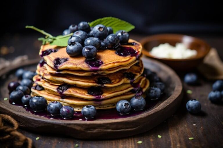 A stack of fluffy easy blueberry pancakes topped with fresh blueberries and syrup on a rustic wooden plate.