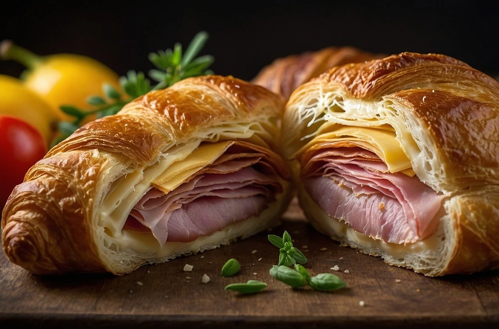 Golden, flaky croissant filled with layers of ham and cheese, garnished with fresh herbs on a wooden board.