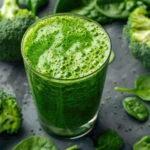 A fresh green smoothie in a glass, surrounded by broccoli florets and spinach leaves on a dark textured surface.