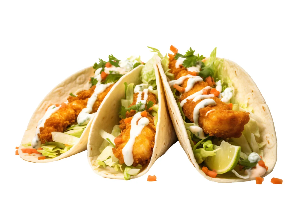 Three crispy fried chicken tacos garnished with lettuce, diced carrots, lime wedges, and a drizzle of creamy sauce.