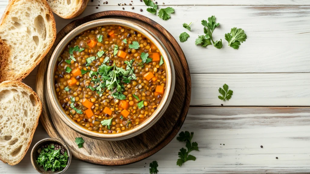 A hearty bowl of homemade lentil soup garnished with fresh herbs, accompanied by slices of rustic bread on a wooden surface.