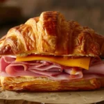 Golden croissant sandwich filled with layers of ham and cheddar cheese, served on parchment paper with garnishes and a glass of orange juice in the background.