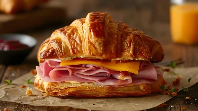 Golden croissant sandwich filled with layers of ham and cheddar cheese, served on parchment paper with garnishes and a glass of orange juice in the background.