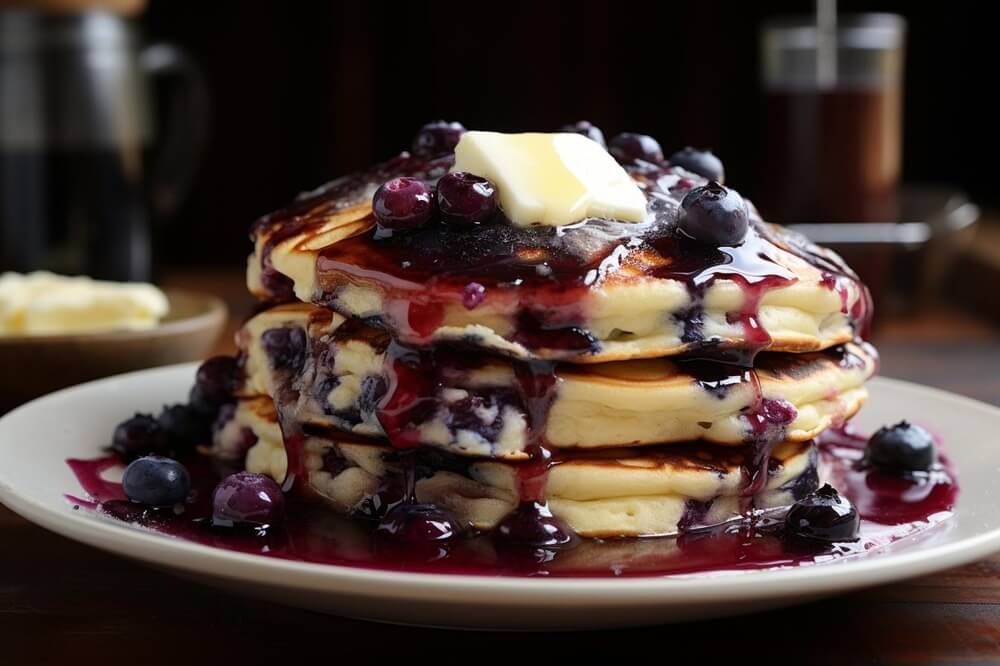 A stack of fluffy blueberry pancakes drizzled with syrup, topped with a pat of butter and fresh blueberries on a white plate.