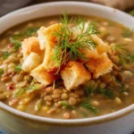 A creamy lentil soup topped with crispy golden croutons and garnished with fresh dill, served in a ceramic bowl.