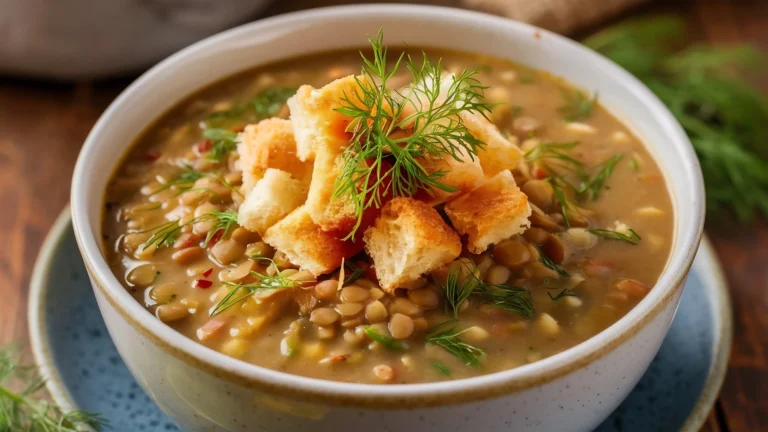 A creamy lentil soup topped with crispy golden croutons and garnished with fresh dill, served in a ceramic bowl.