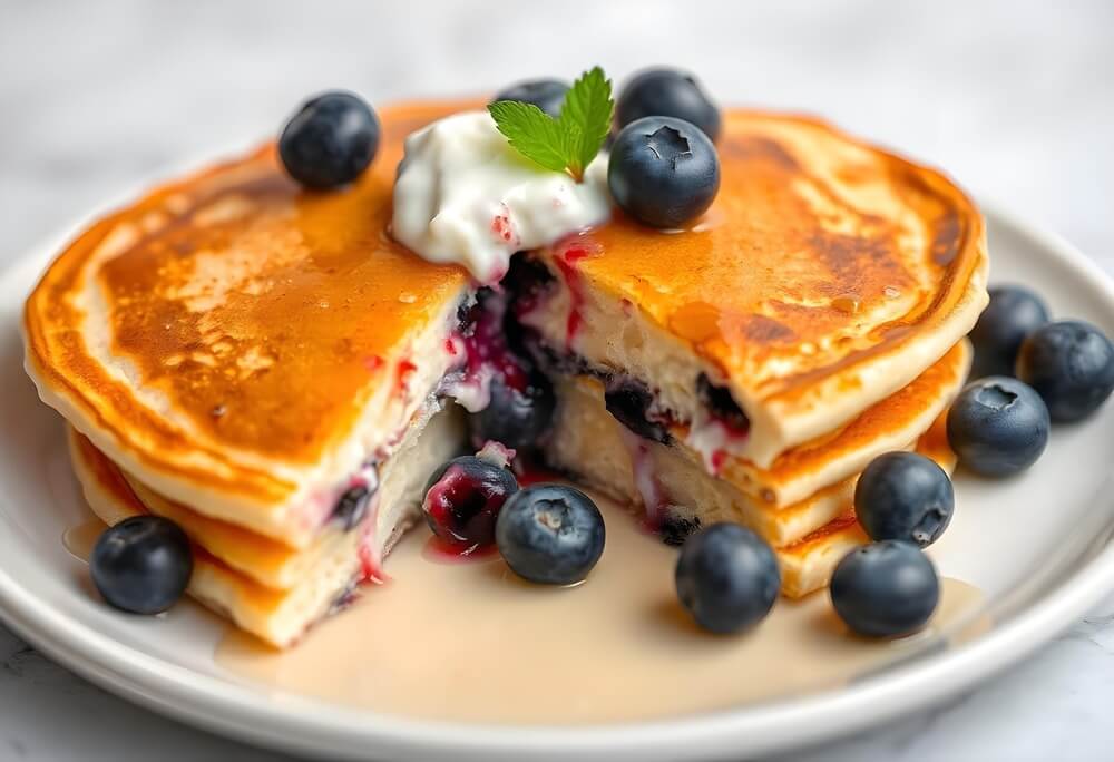 Blueberry pancakes stacked on a white plate with syrup, fresh blueberries, and a dollop of whipped cream garnished with a mint leaf.