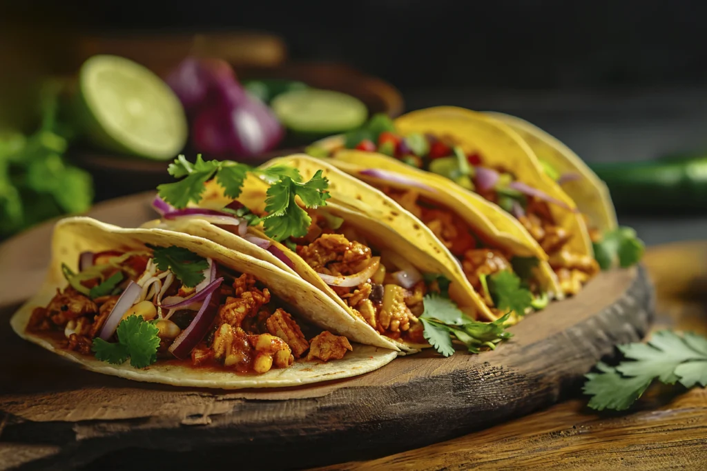 Close-up of three chicken tacos with vibrant toppings like cilantro, red onions, and lime wedges on a rustic wooden platter.