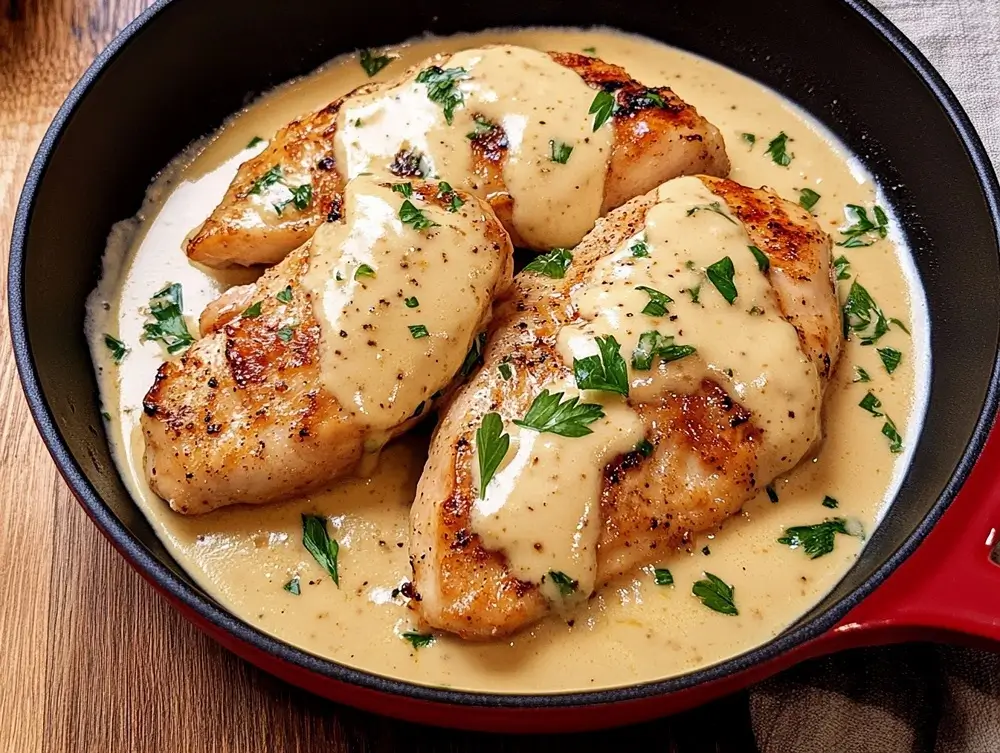 A skillet of creamy garlic chicken breasts garnished with fresh parsley, served in a rich, golden cream sauce.