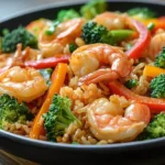 A bowl of shrimp stir fry with broccoli, red bell peppers, yellow peppers, and fried rice, served fresh and colorful.