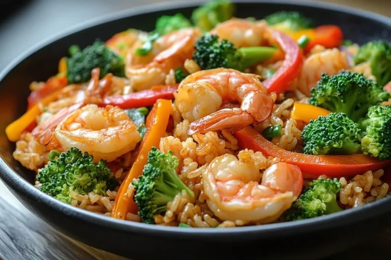 A bowl of shrimp stir fry with broccoli, red bell peppers, yellow peppers, and fried rice, served fresh and colorful.