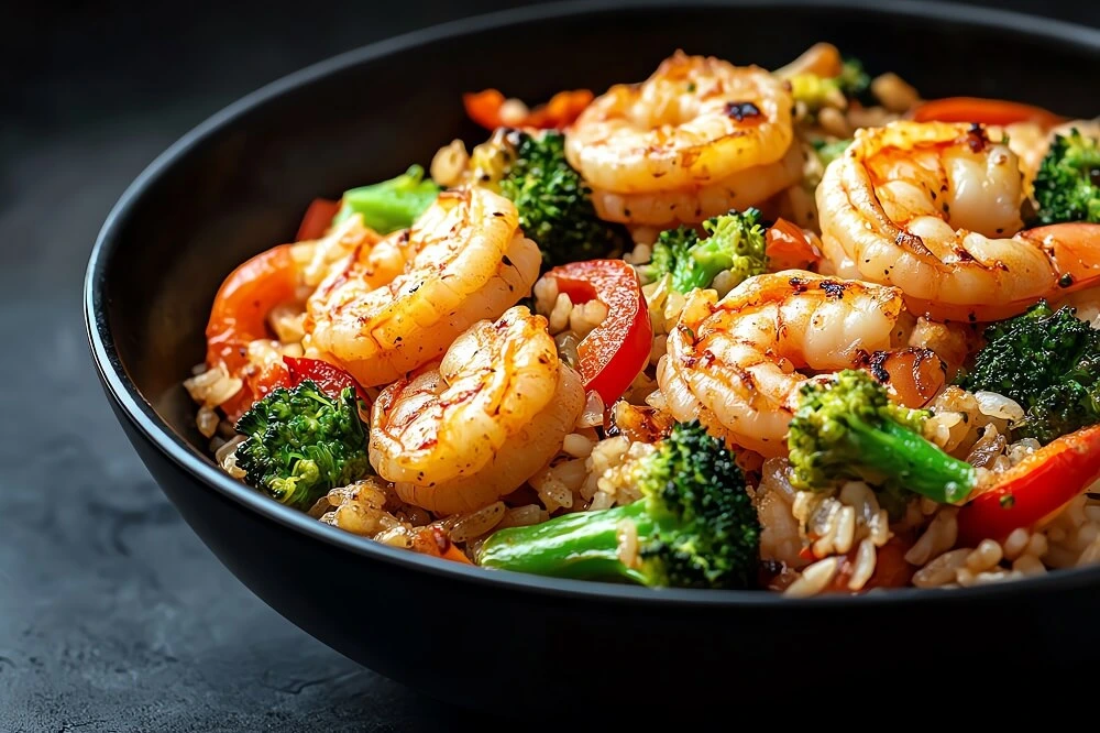 A black bowl filled with shrimp stir fry, featuring grilled shrimp, broccoli, red bell peppers, and fried rice.