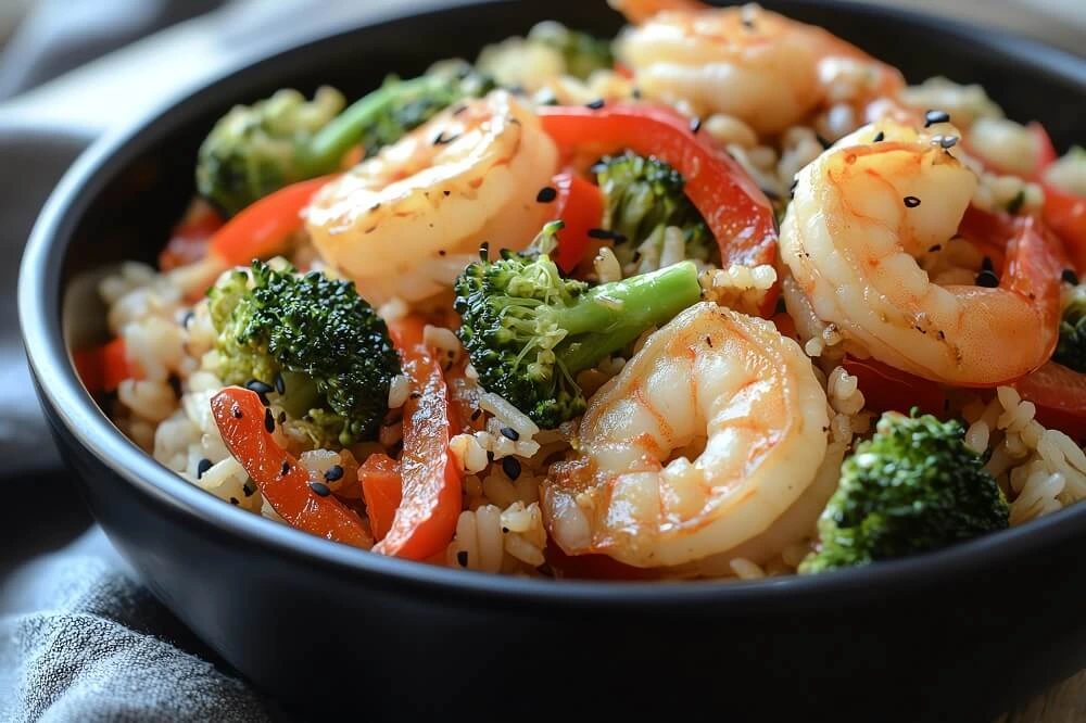 A bowl of shrimp stir fry with broccoli, red bell peppers, and sesame seeds served over fried rice.