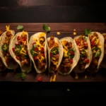 Top view of a row of vibrant tacos filled with seasoned chicken, jalapeños, diced red peppers, and cheese sauce on a wooden platter.