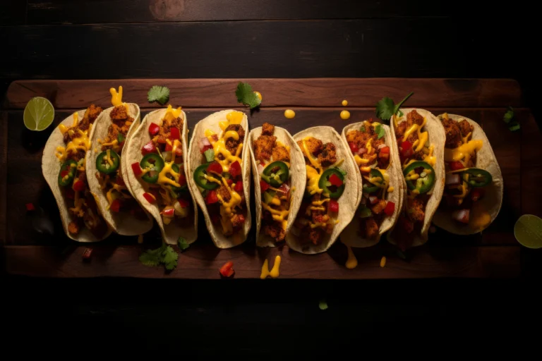 Top view of a row of vibrant tacos filled with seasoned chicken, jalapeños, diced red peppers, and cheese sauce on a wooden platter.