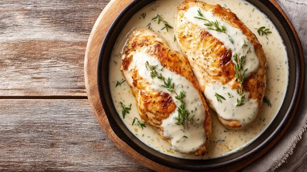 Top-down view of two golden-brown chicken breasts in a creamy herb sauce, garnished with fresh thyme, served on a rustic wooden table.