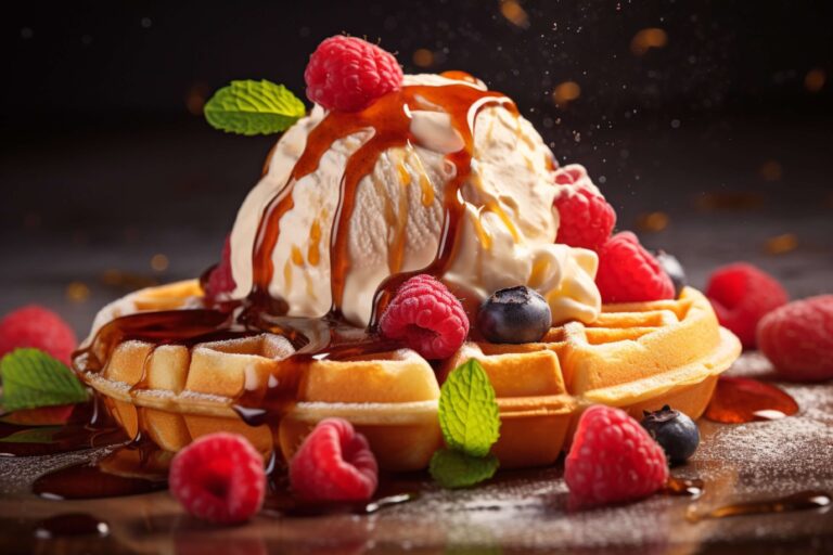 Belgian waffle topped with vanilla ice cream, fresh raspberries, blueberries, mint leaves, and drizzled with maple syrup on a dark background.