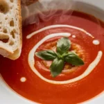 A steaming bowl of creamy tomato bisque soup garnished with fresh basil, served with a slice of crusty bread.