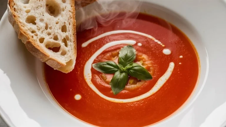 A steaming bowl of creamy tomato bisque soup garnished with fresh basil, served with a slice of crusty bread.